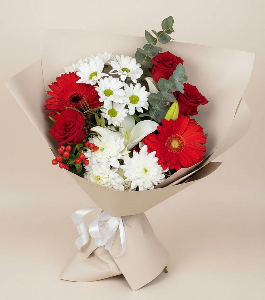 Букет цветов из: Розы, Хризантемы, Герберы и Лилии в Архангельском Воронежской области
